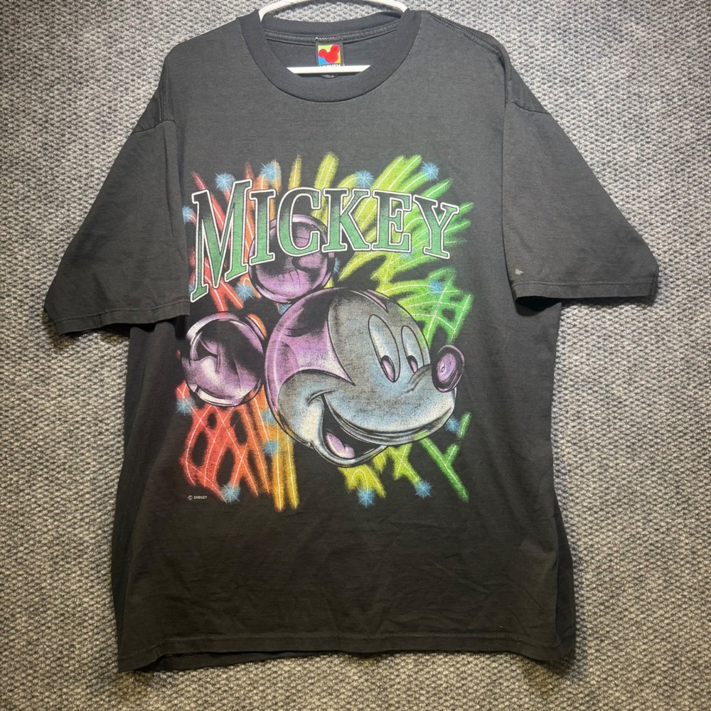 Vintage Mickey Mouse Neon Fireworks Graphic T-Shirt Black XL 90s Disney